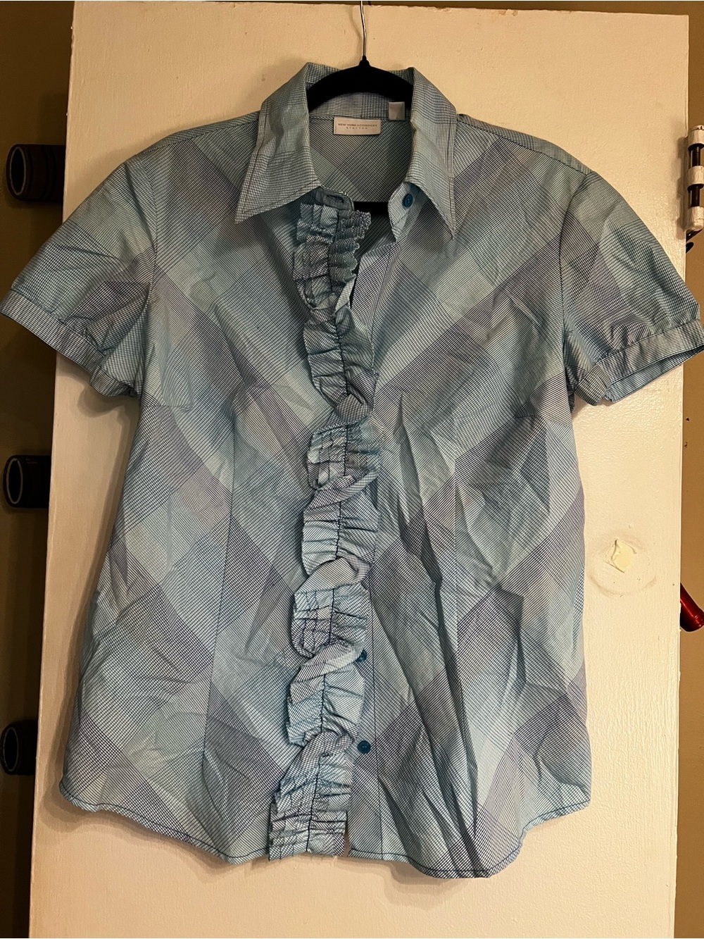 Pre-loved Light Blue Plaid Ruffle Front Shirt
